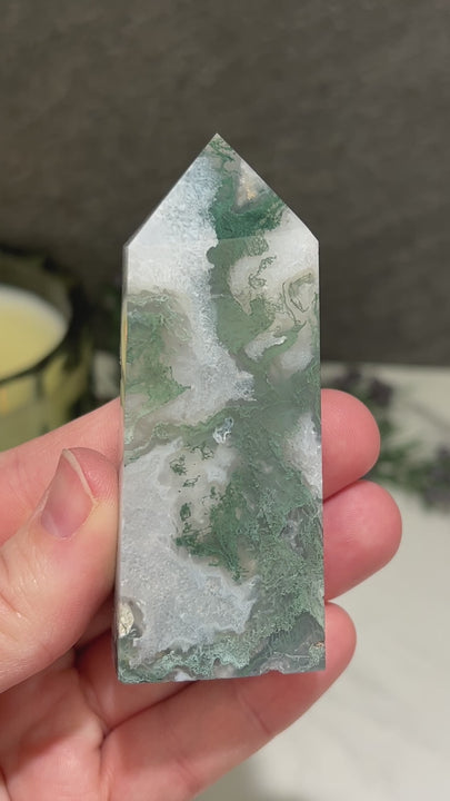 Polished Druzy Moss Agate Tower