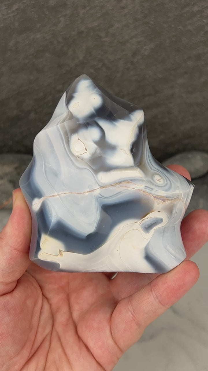 Polished Black & White Orca Agate Flame Carving