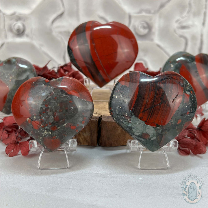 Polished African Bloodstone with Pyrite Heart Carvings