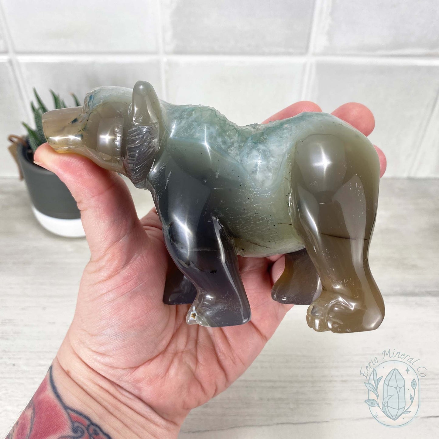 Polished Druzy Geode Agate Bear Carving
