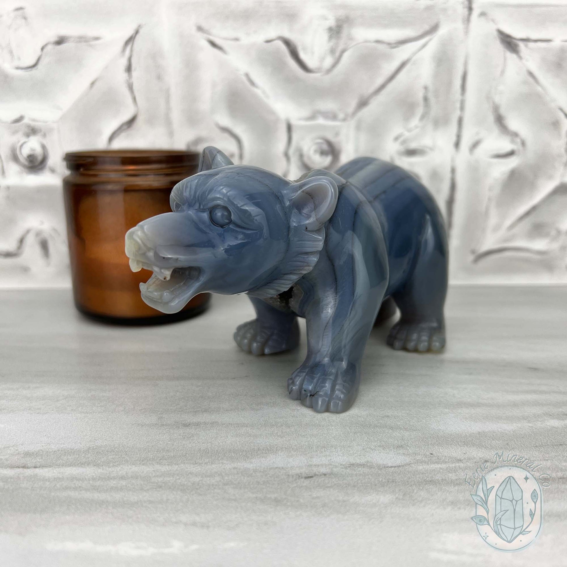Druzy Gray Agate Geode Bear Carving