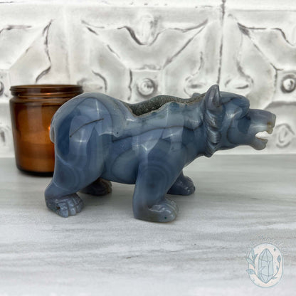 Druzy Gray Agate Geode Bear Carving