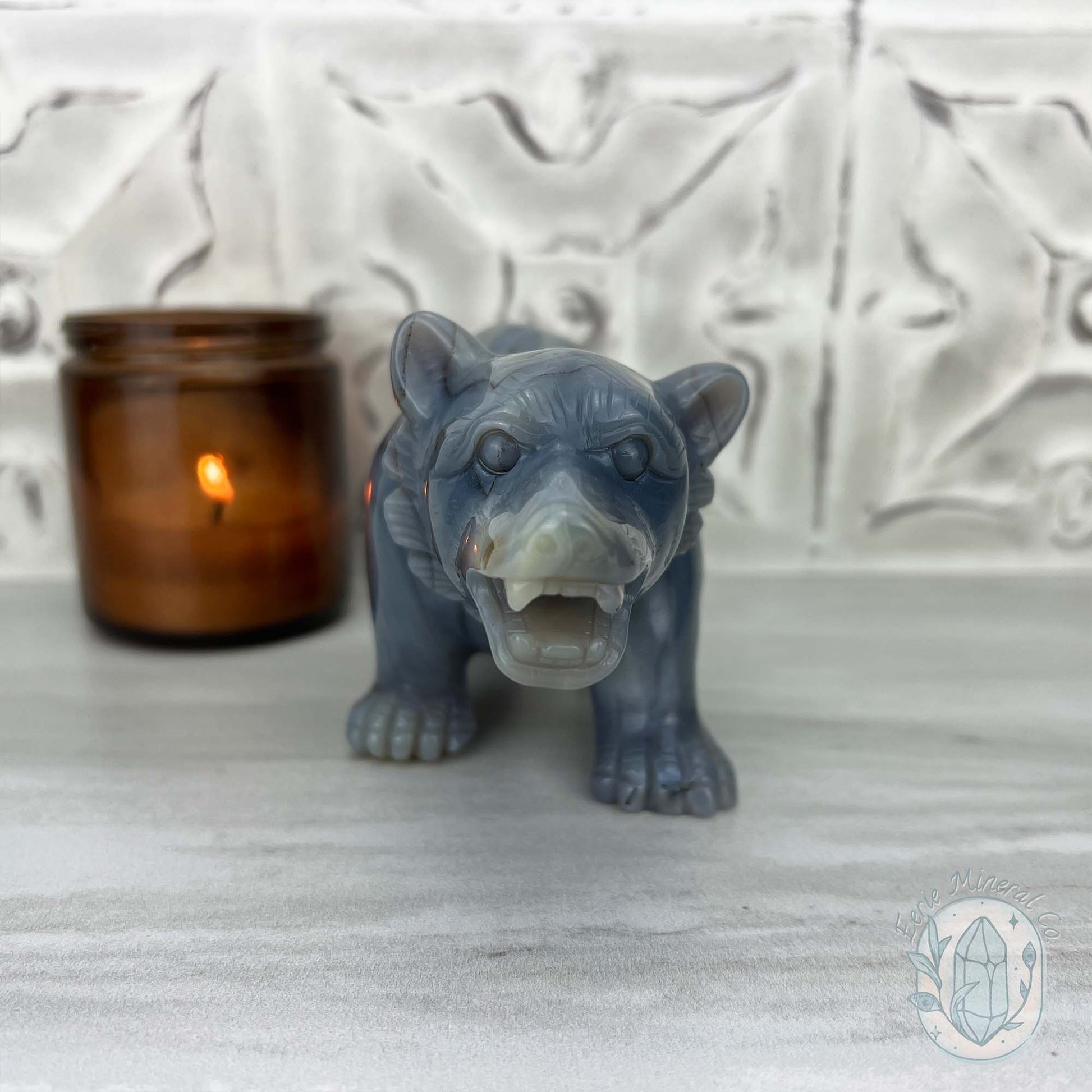 Druzy Gray Agate Geode Bear Carving