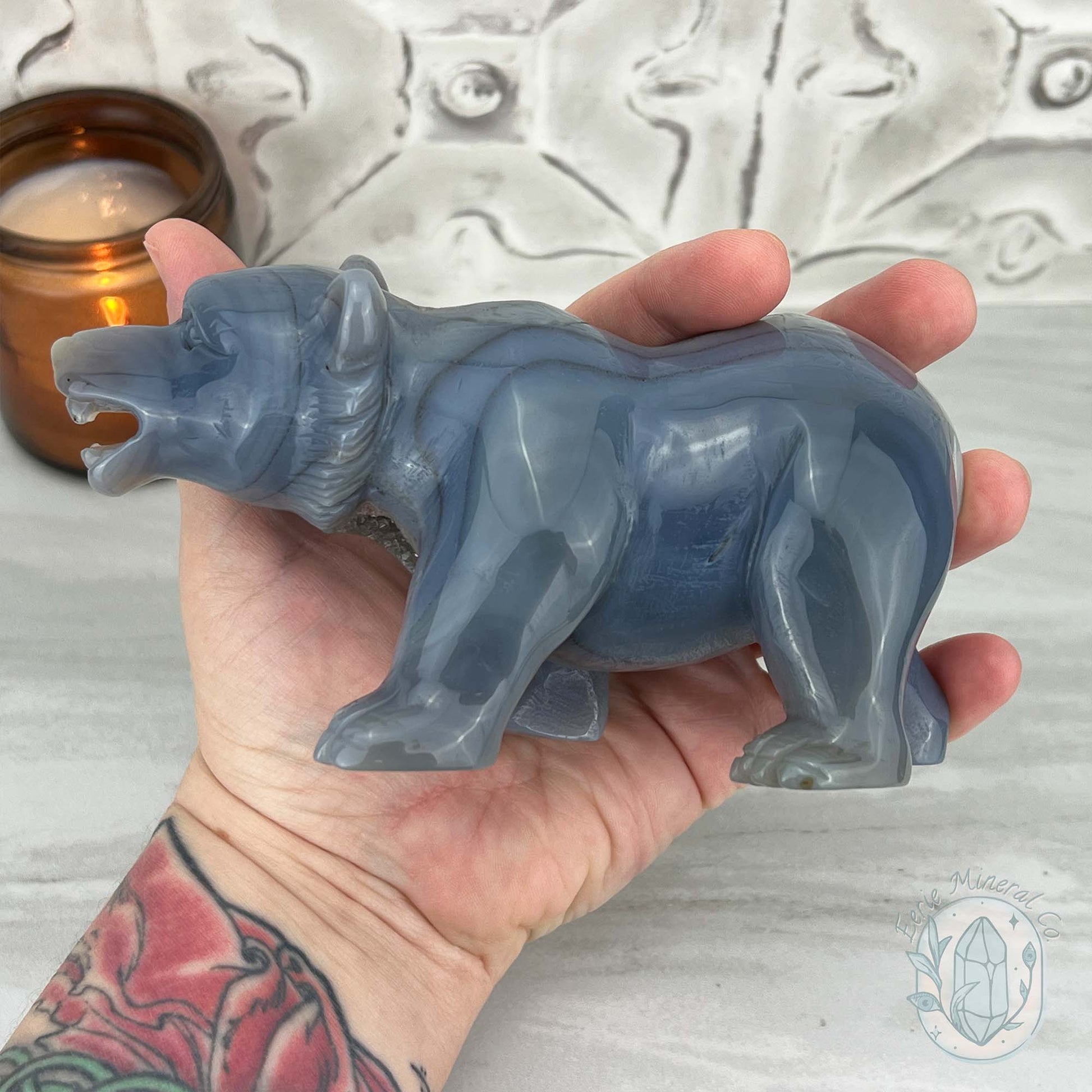 Druzy Gray Agate Geode Bear Carving