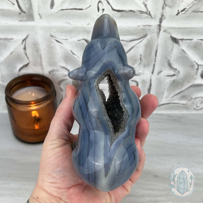 Druzy Gray Agate Geode Bear Carving