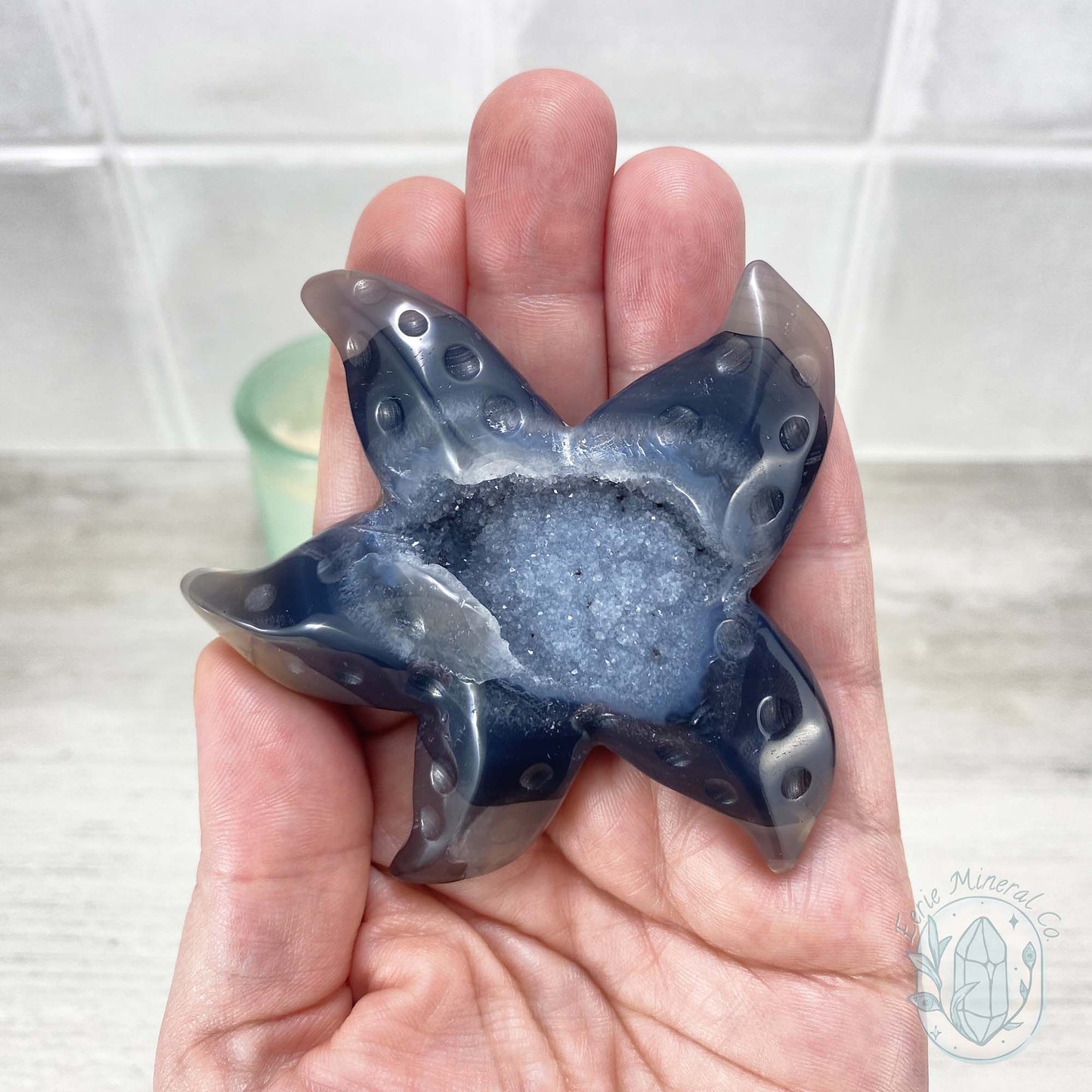 Polished Smoky Blue Druzy Agate Sea Star Carving