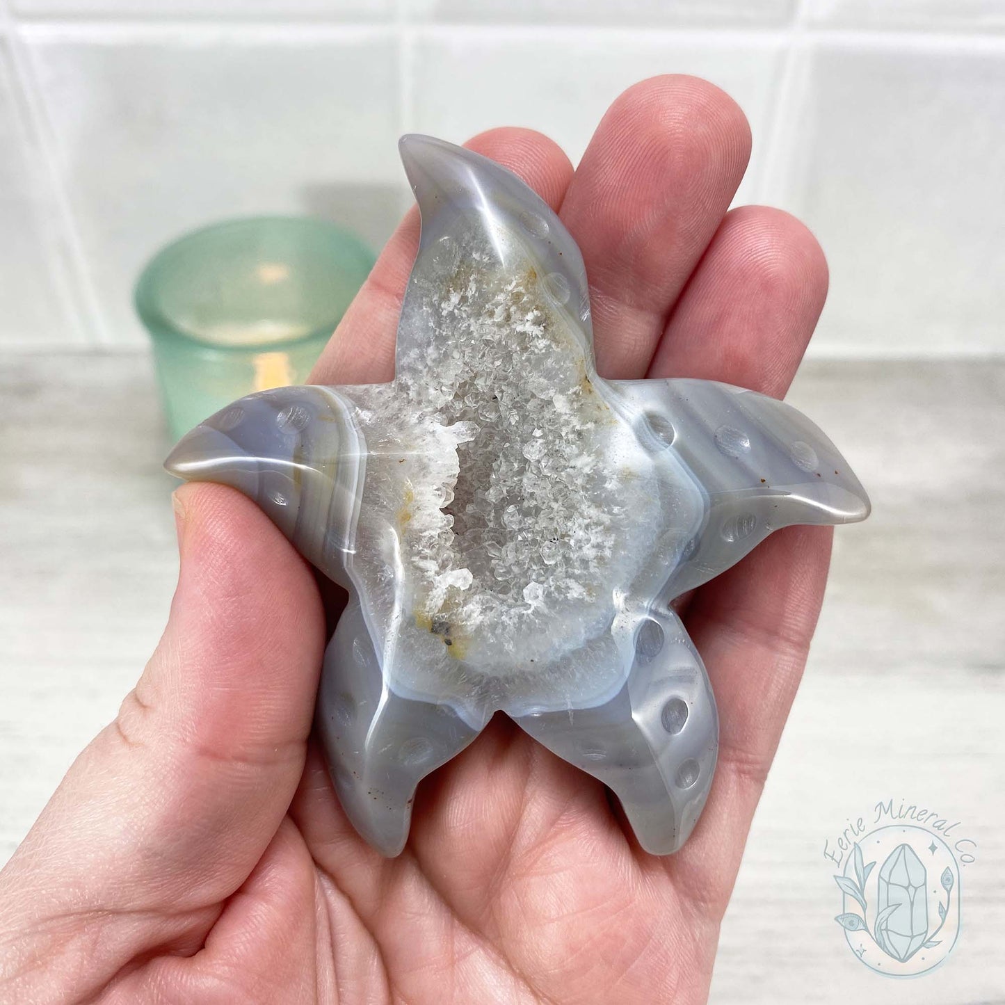 Polished Grey & White Banded Druzy Agate Sea Star Carving