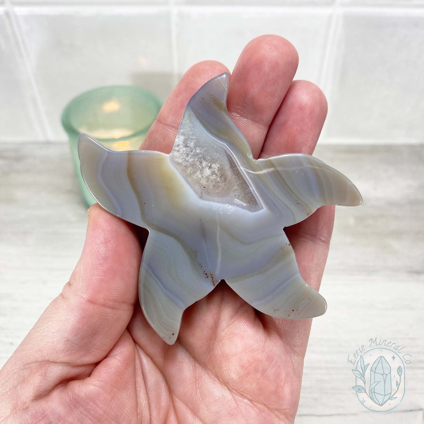 Polished Grey & White Banded Druzy Agate Sea Star Carving