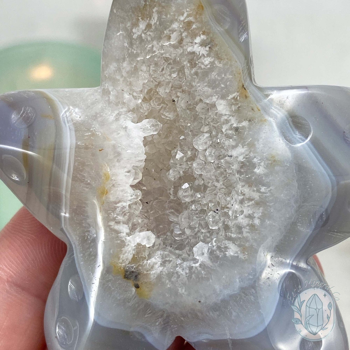 Polished Grey & White Banded Druzy Agate Sea Star Carving