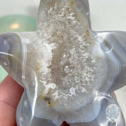 Polished Grey & White Banded Druzy Agate Sea Star Carving