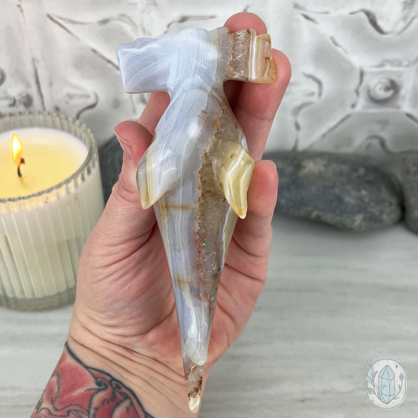Beach Colored Banded Agate Hammerhead Shark Carving