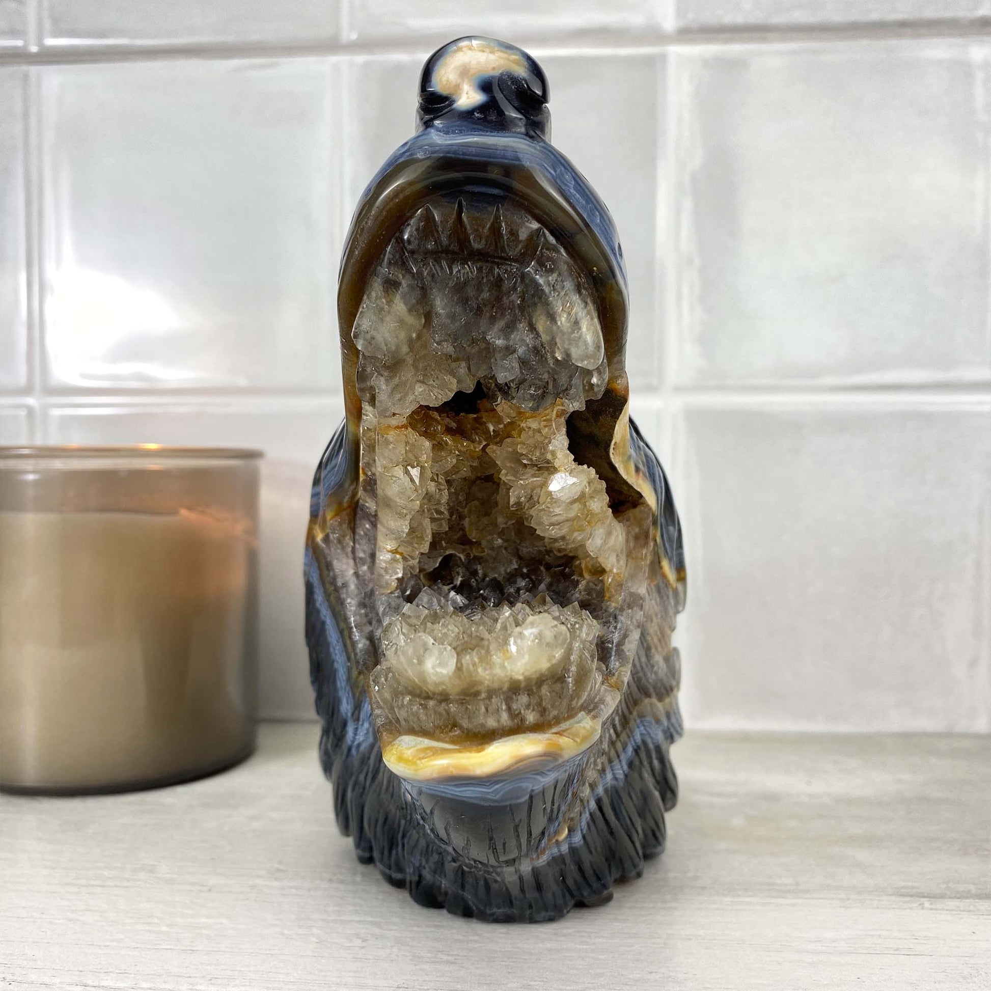 Exceptional Agate with Quartz Wolf Head Carving