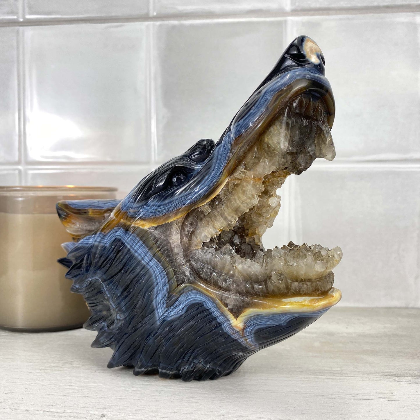 Exceptional Agate with Quartz Wolf Head Carving