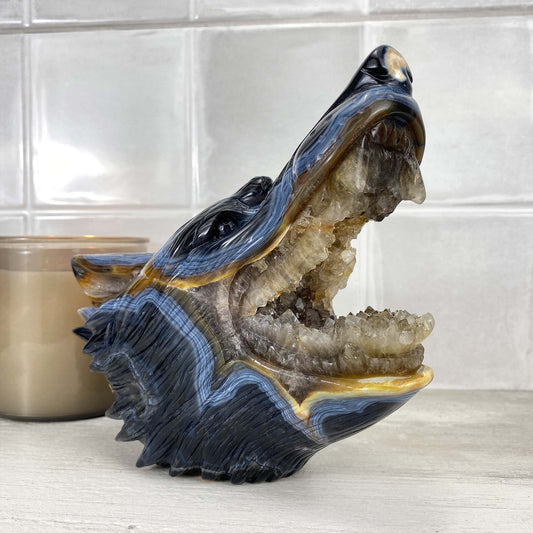 Exceptional Agate with Quartz Wolf Head Carving