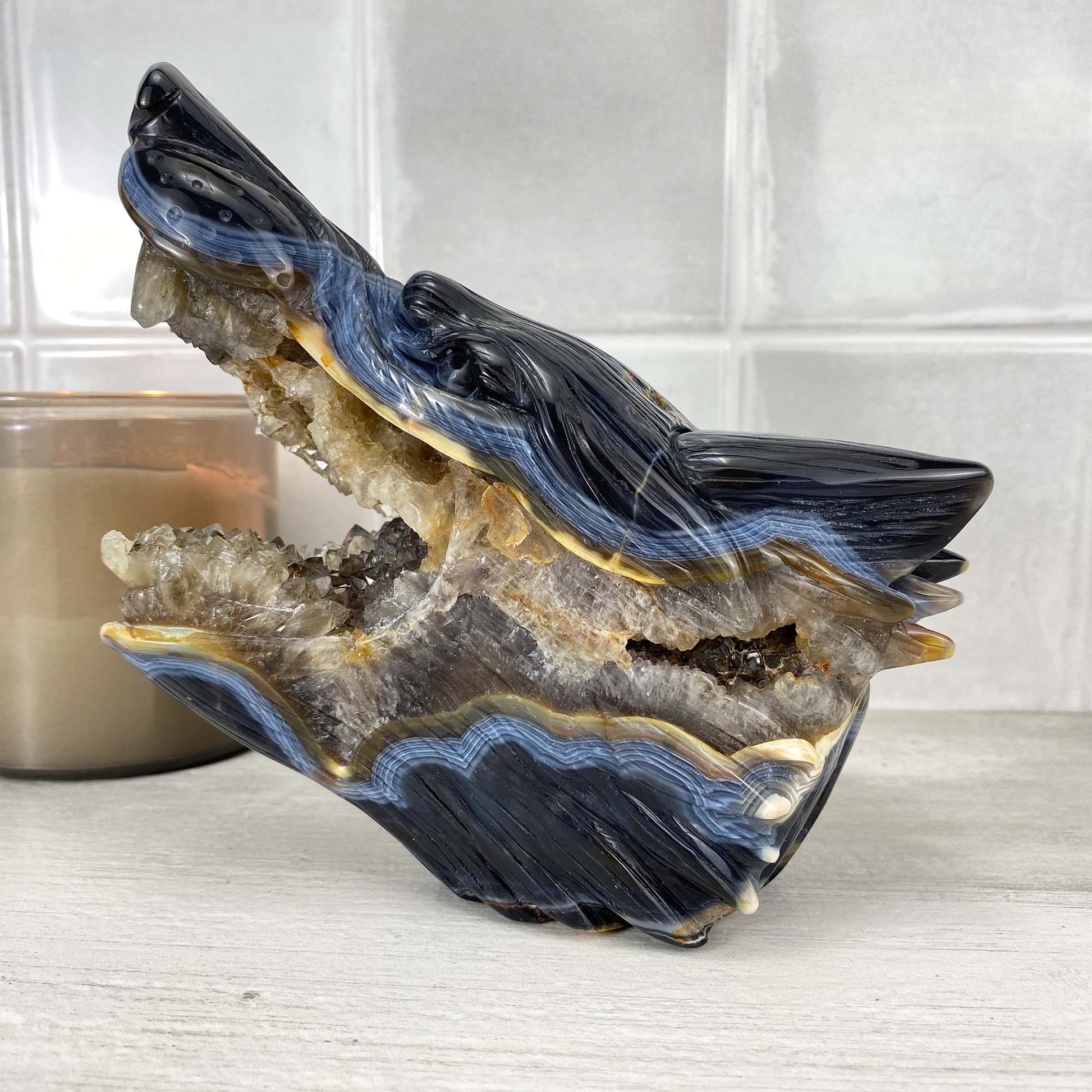 Exceptional Agate with Quartz Wolf Head Carving