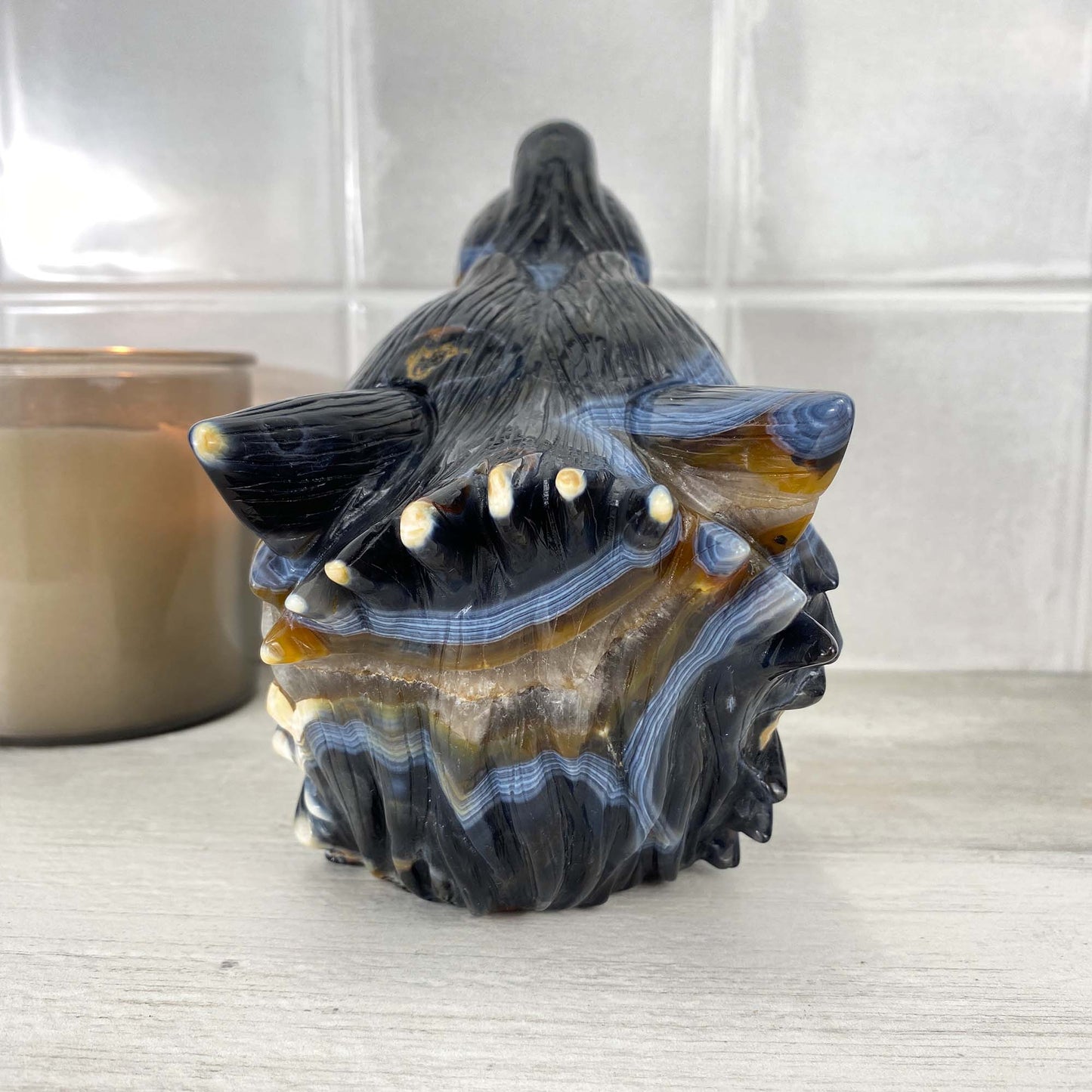 Exceptional Agate with Quartz Wolf Head Carving