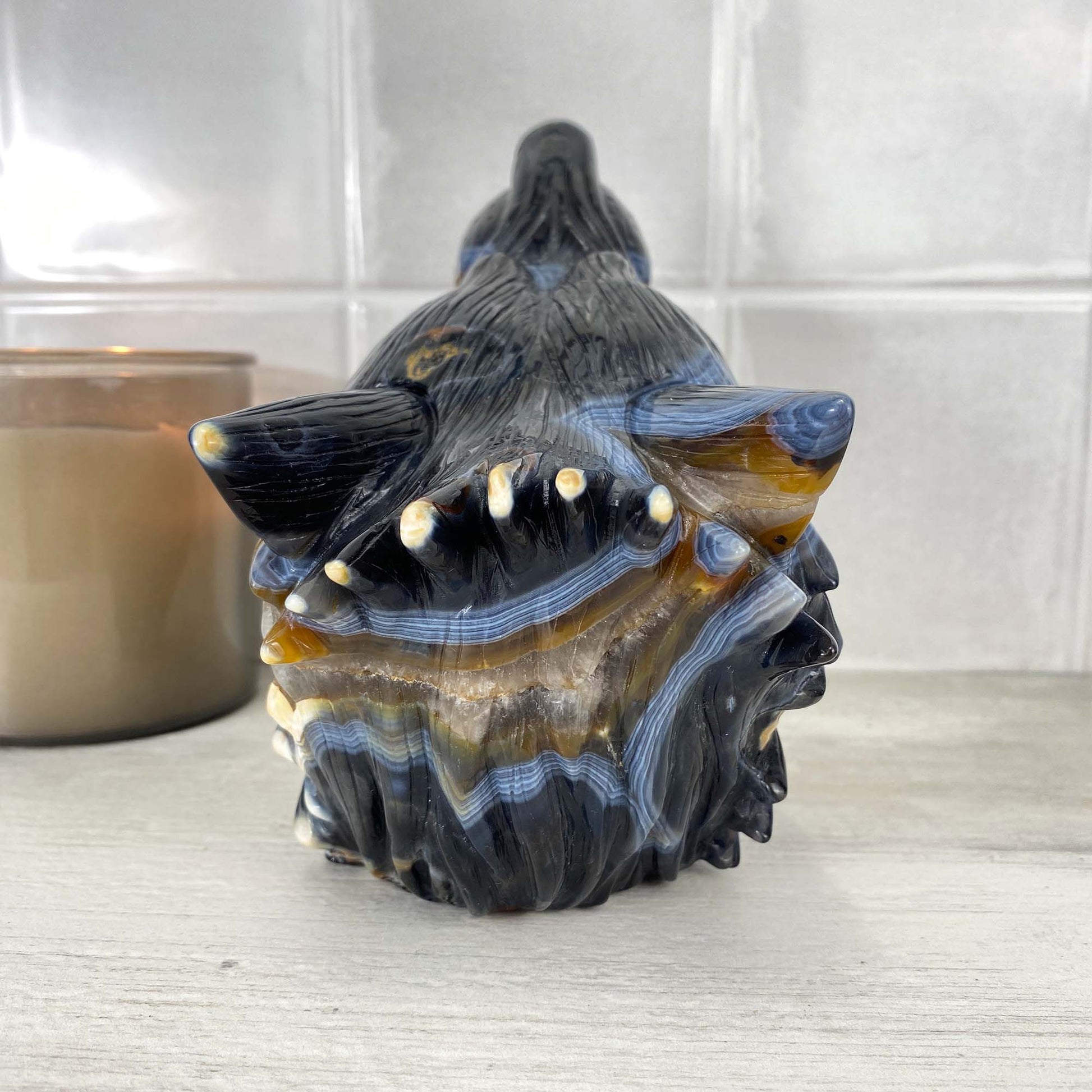 Exceptional Agate with Quartz Wolf Head Carving
