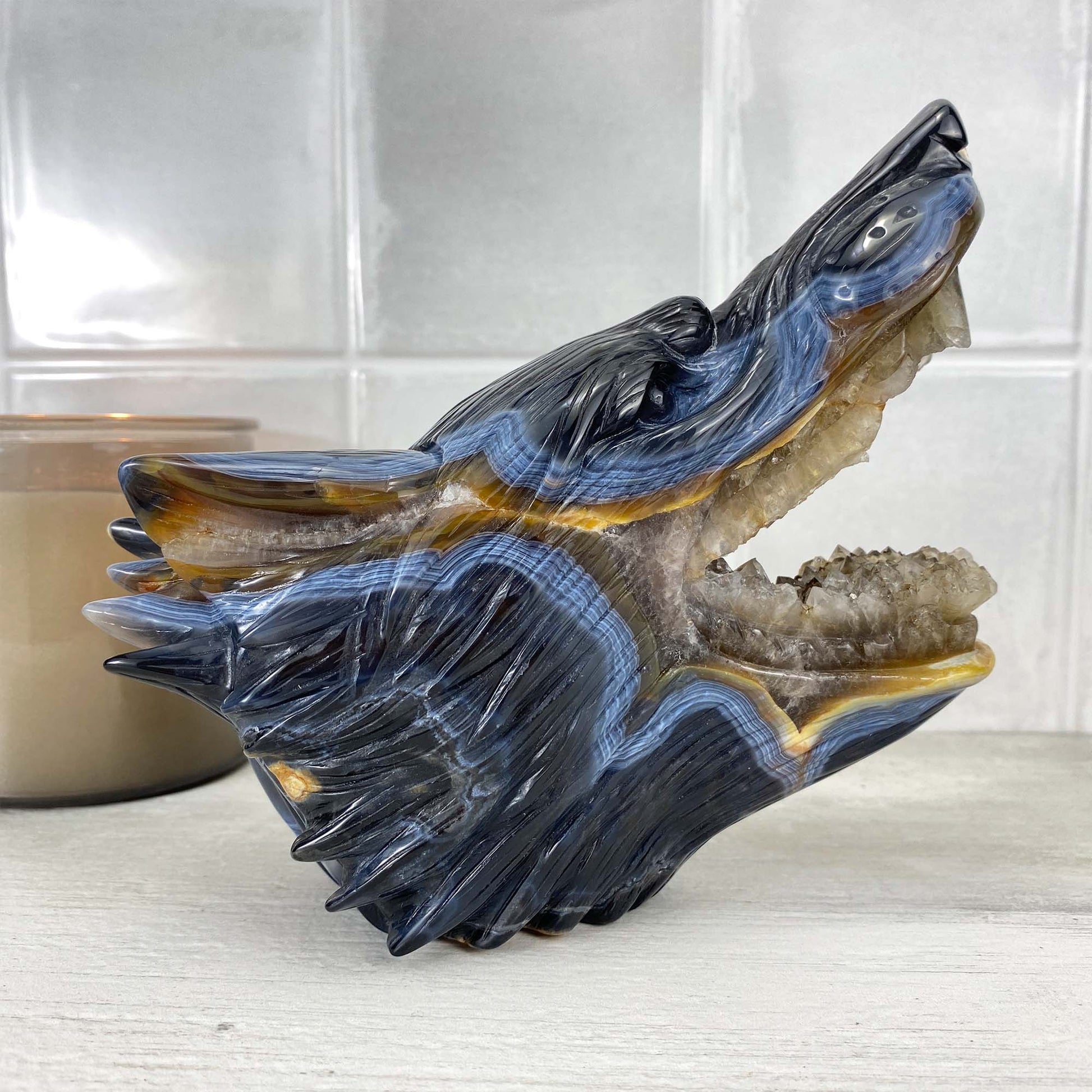 Exceptional Agate with Quartz Wolf Head Carving