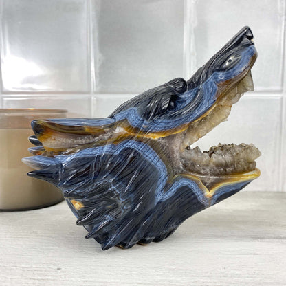 Exceptional Agate with Quartz Wolf Head Carving