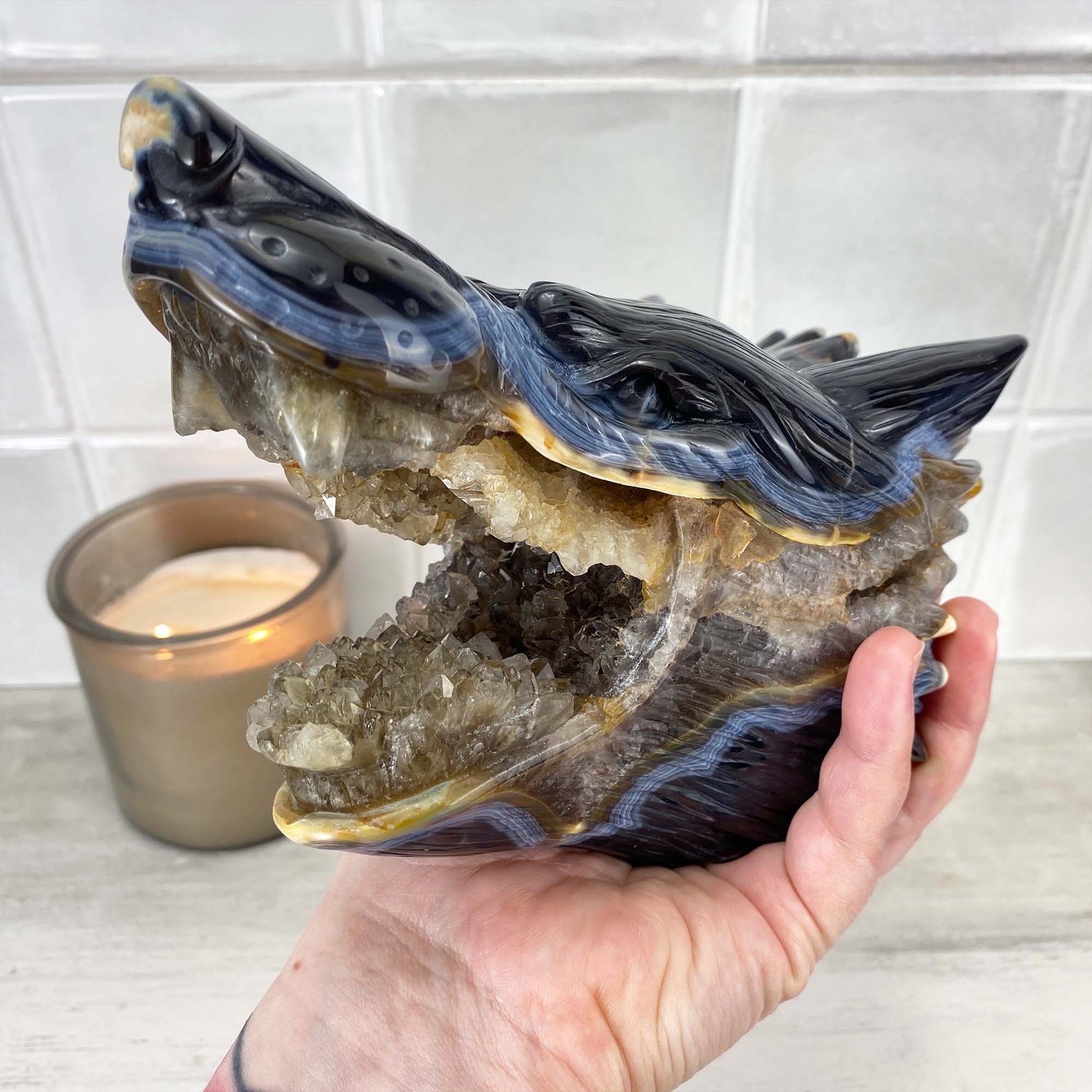 Exceptional Agate with Quartz Wolf Head Carving