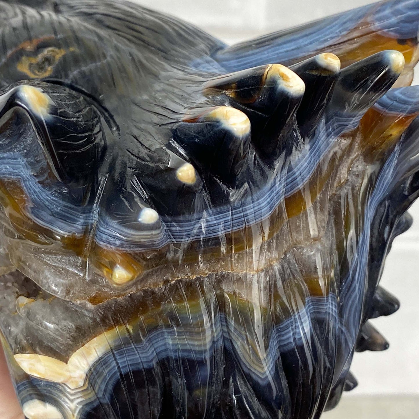 Exceptional Agate with Quartz Wolf Head Carving