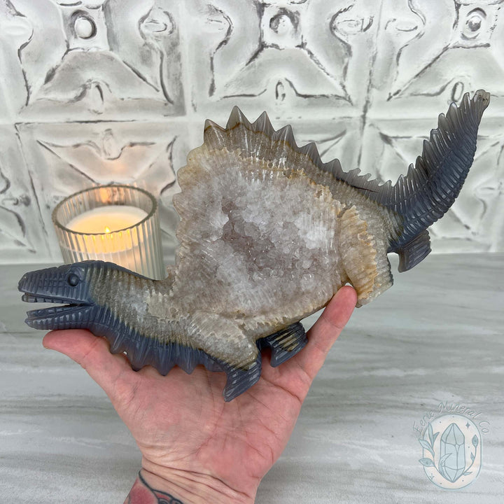 Agate with Quartz Stegosaurus Dinosaur Carving