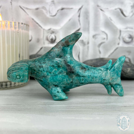 Amazonite with Smoky Quartz Hammerhead Shark Carving