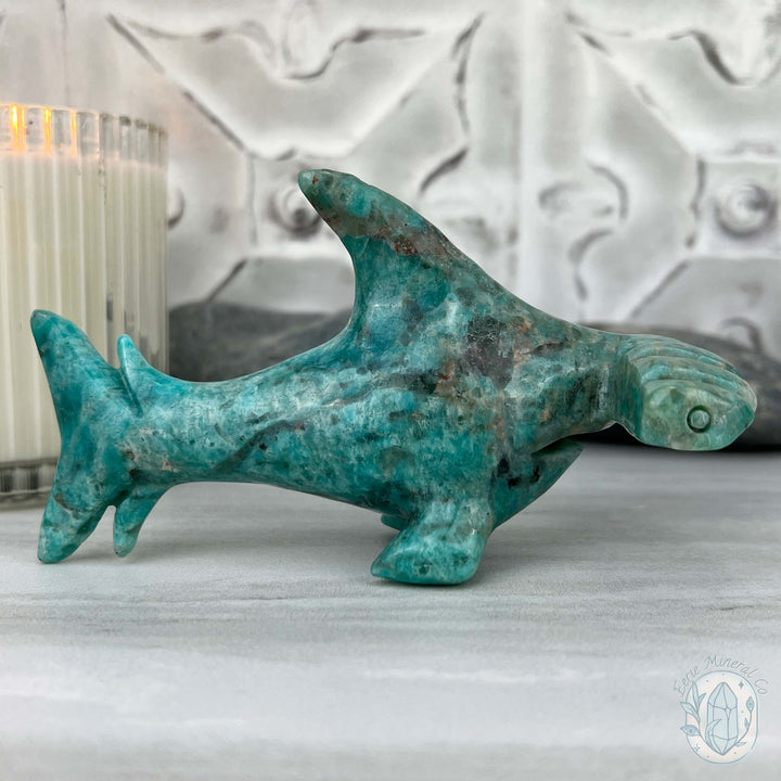 Amazonite with Smoky Quartz Hammerhead Shark Carving