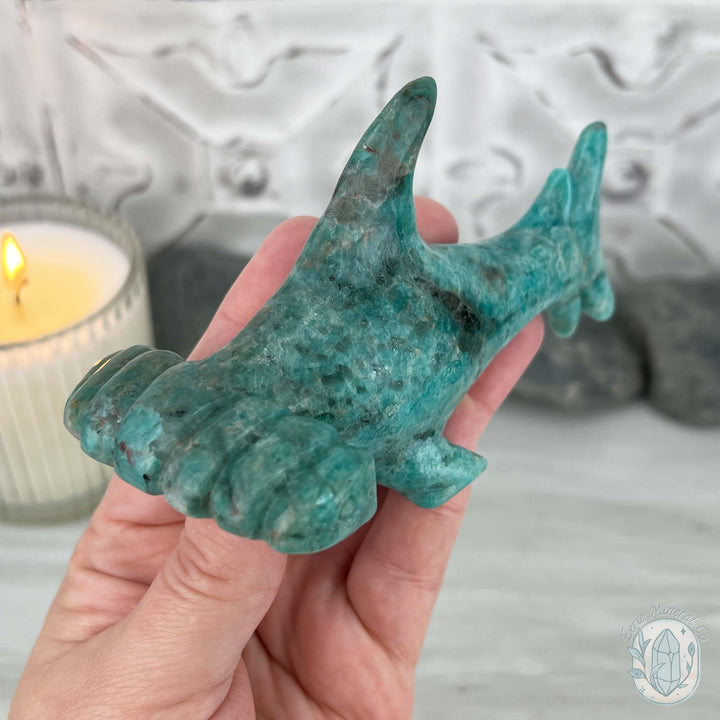 Amazonite with Smoky Quartz Hammerhead Shark Carving