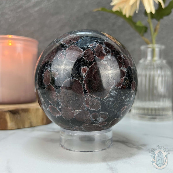 85mm Polished Arfvedsonite and Garnet Firework Sphere