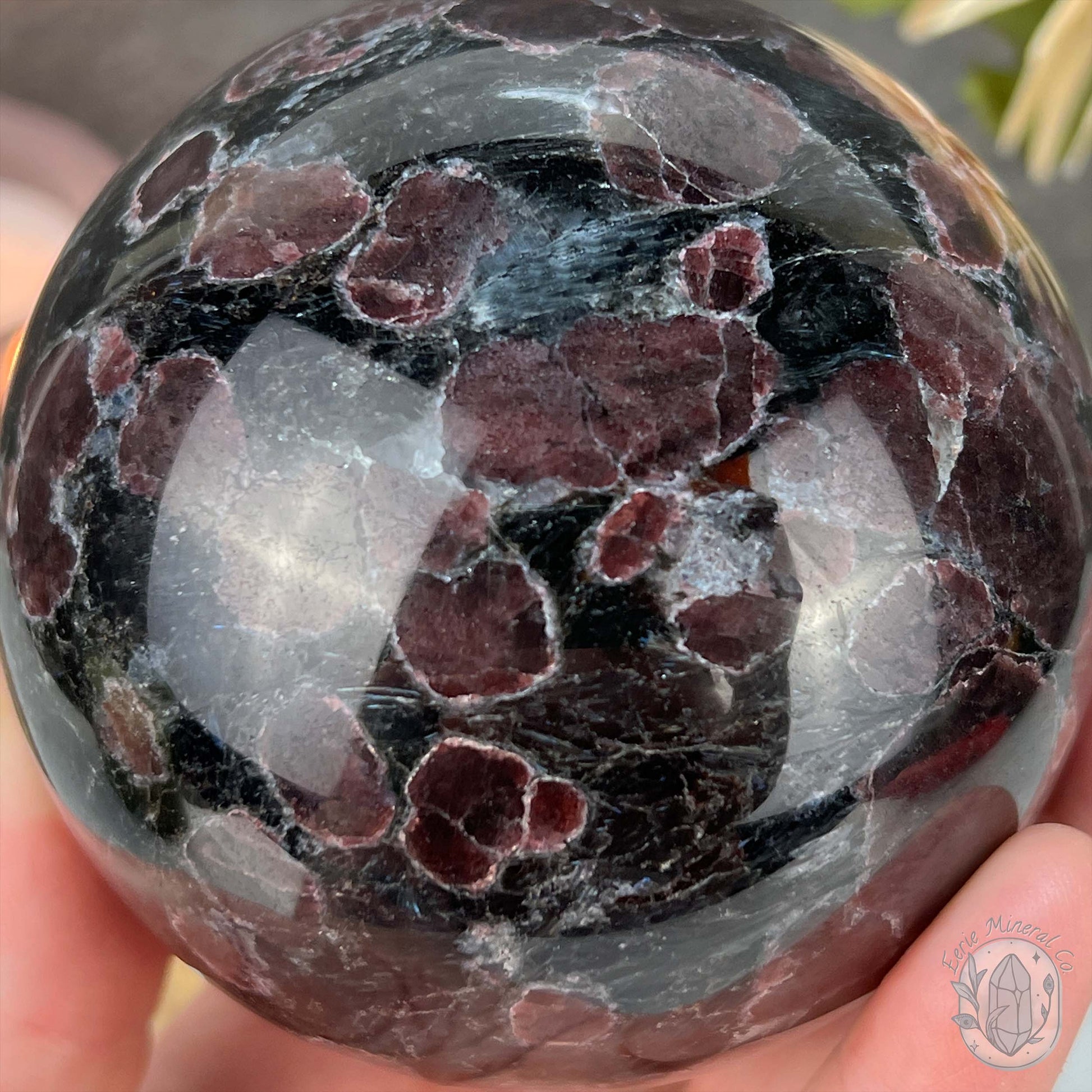 85mm Polished Arfvedsonite and Garnet Firework Sphere