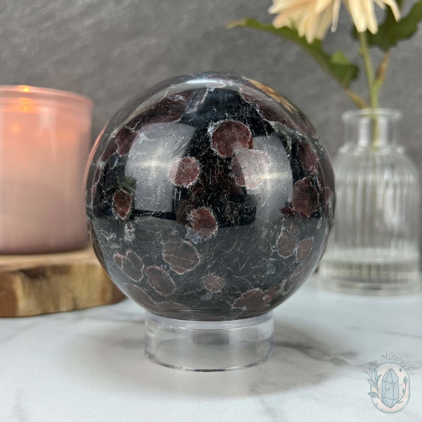 85mm Polished Arfvedsonite and Garnet Firework Sphere