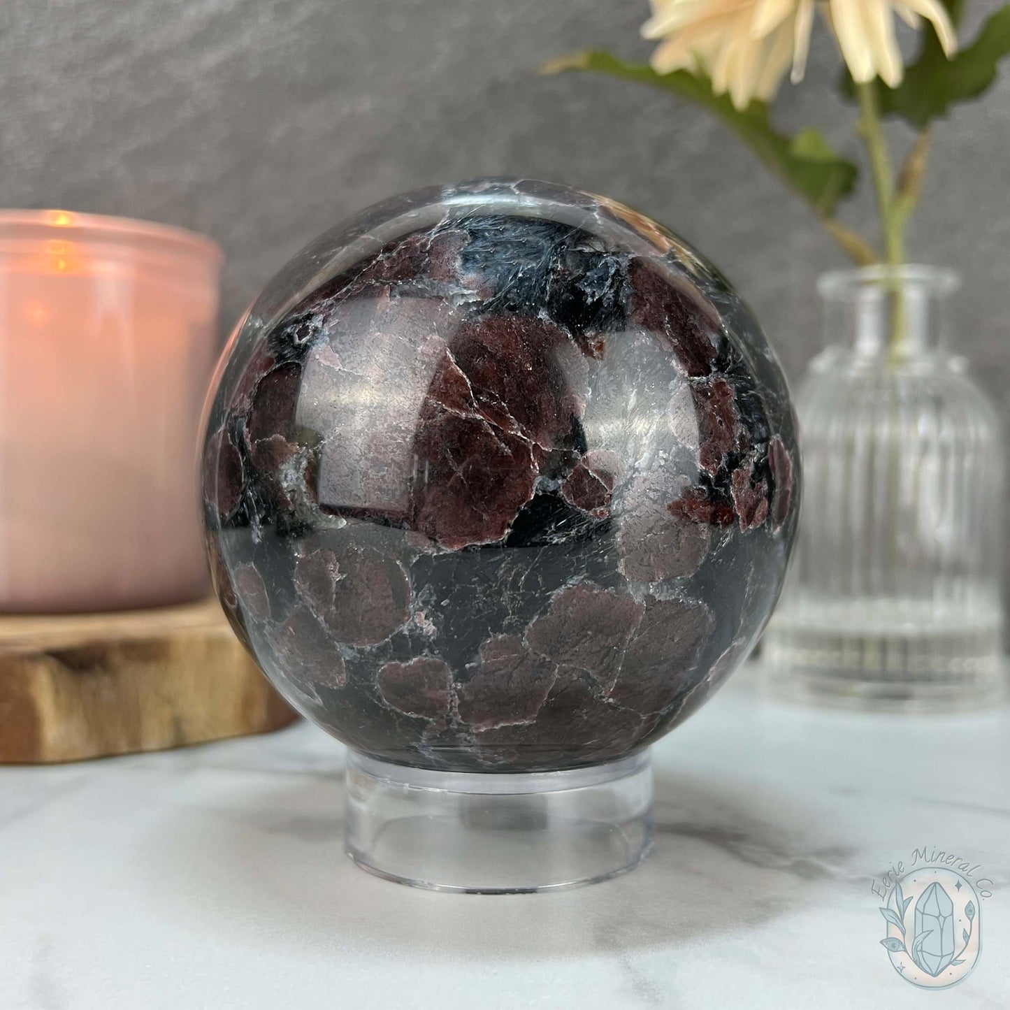 85mm Polished Arfvedsonite and Garnet Firework Sphere