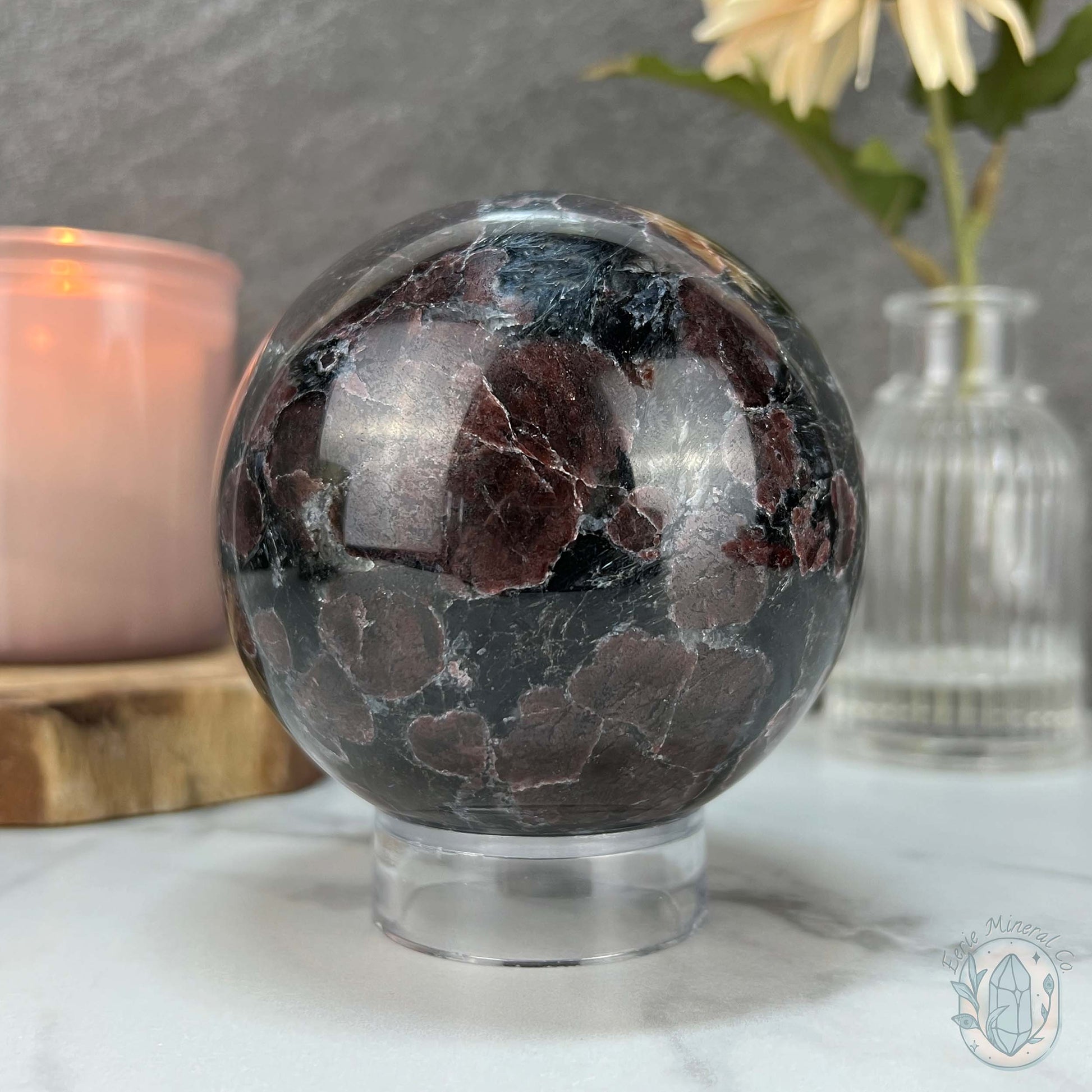85mm Polished Arfvedsonite and Garnet Firework Sphere