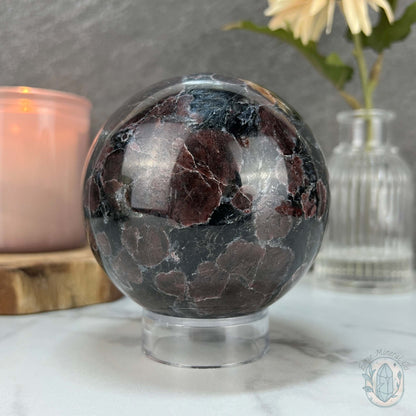 85mm Polished Arfvedsonite and Garnet Firework Sphere