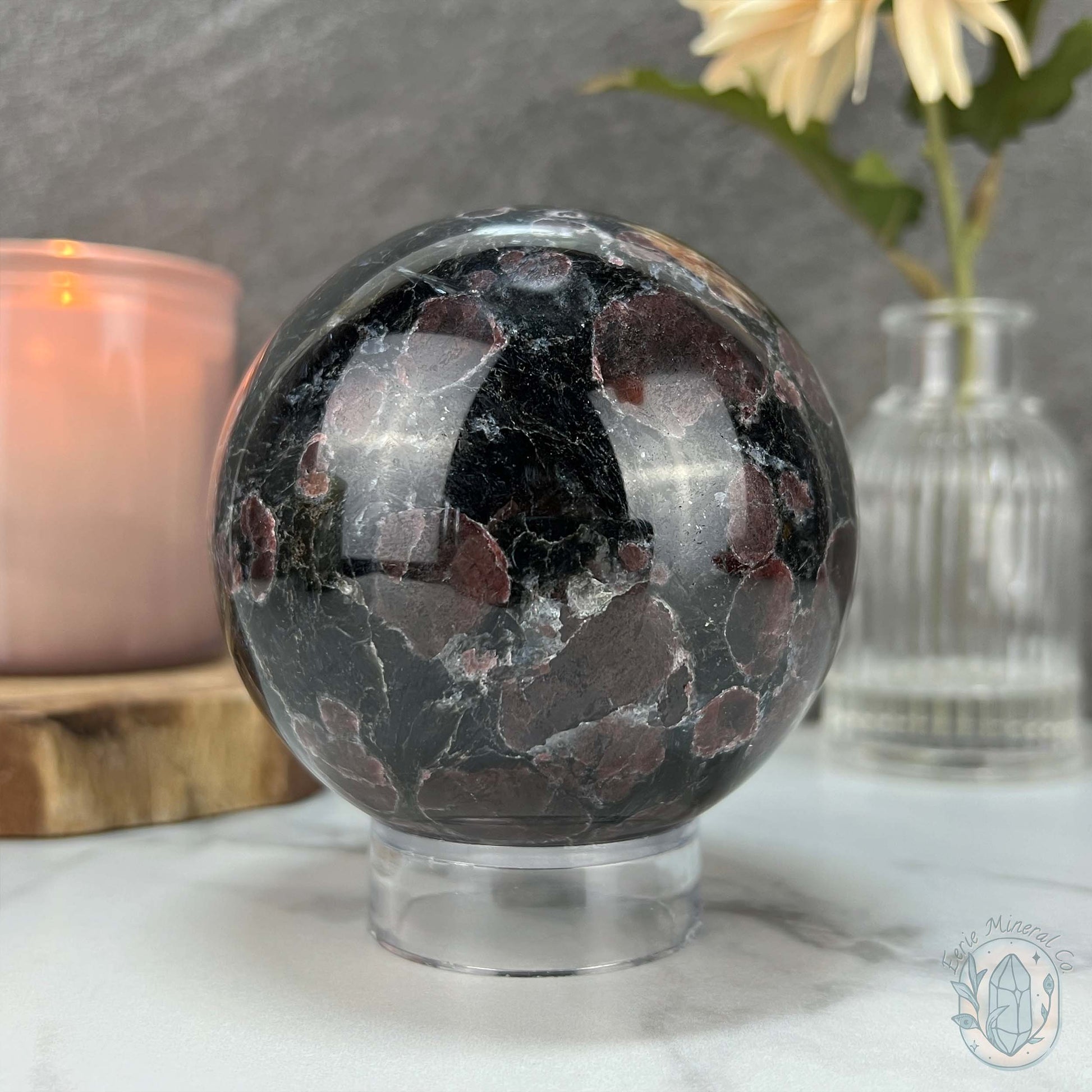 85mm Polished Arfvedsonite and Garnet Firework Sphere
