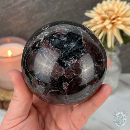 85mm Polished Arfvedsonite and Garnet Firework Sphere