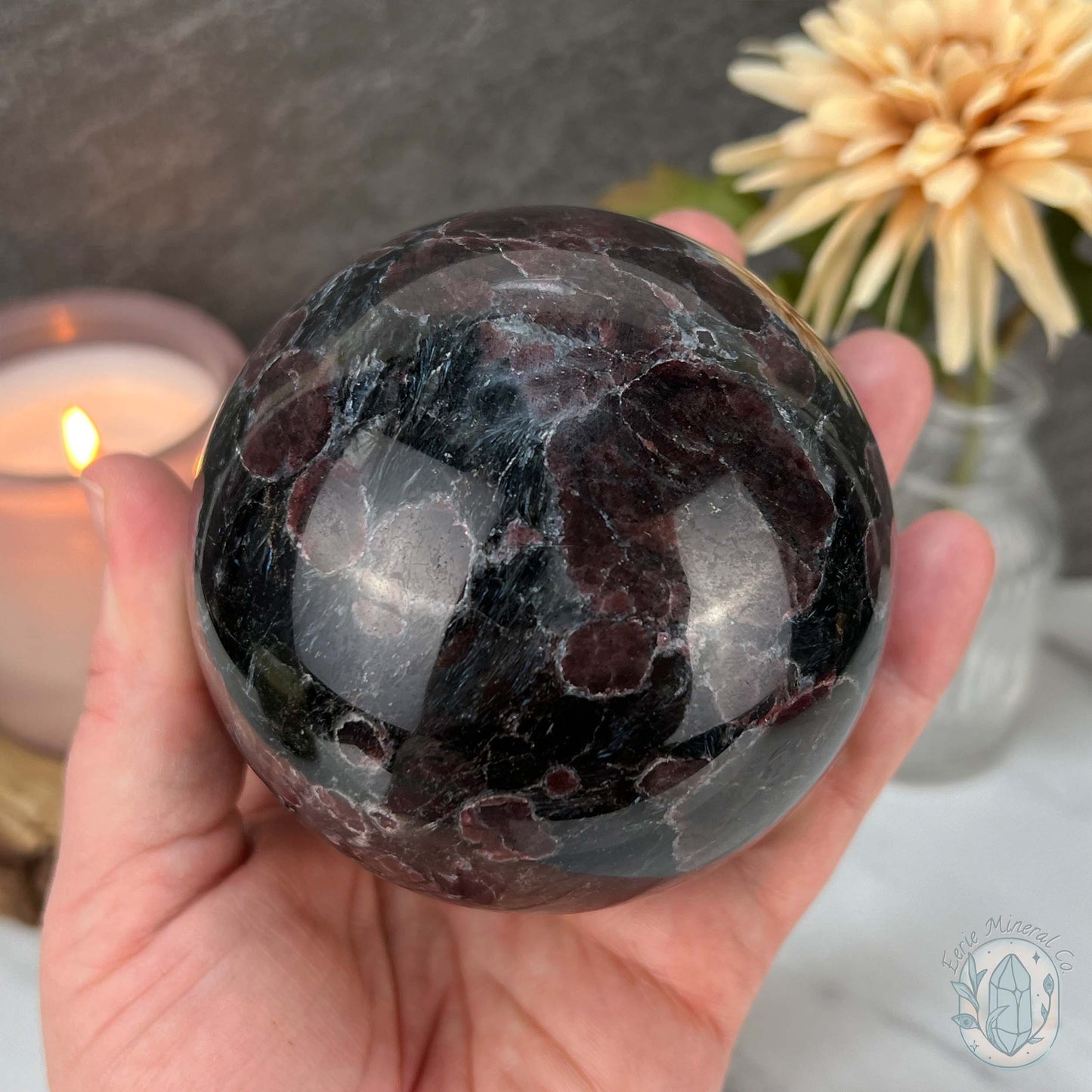 85mm Polished Arfvedsonite and Garnet Firework Sphere