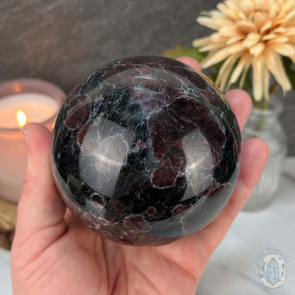 85mm Polished Arfvedsonite and Garnet Firework Sphere