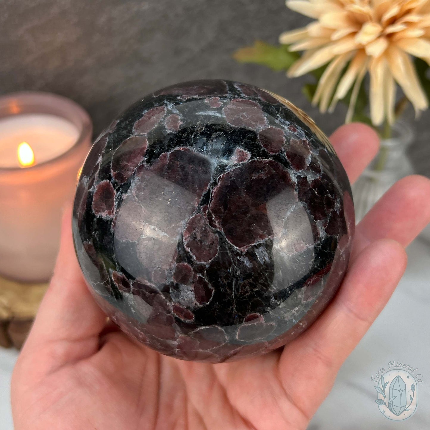 85mm Polished Arfvedsonite and Garnet Firework Sphere