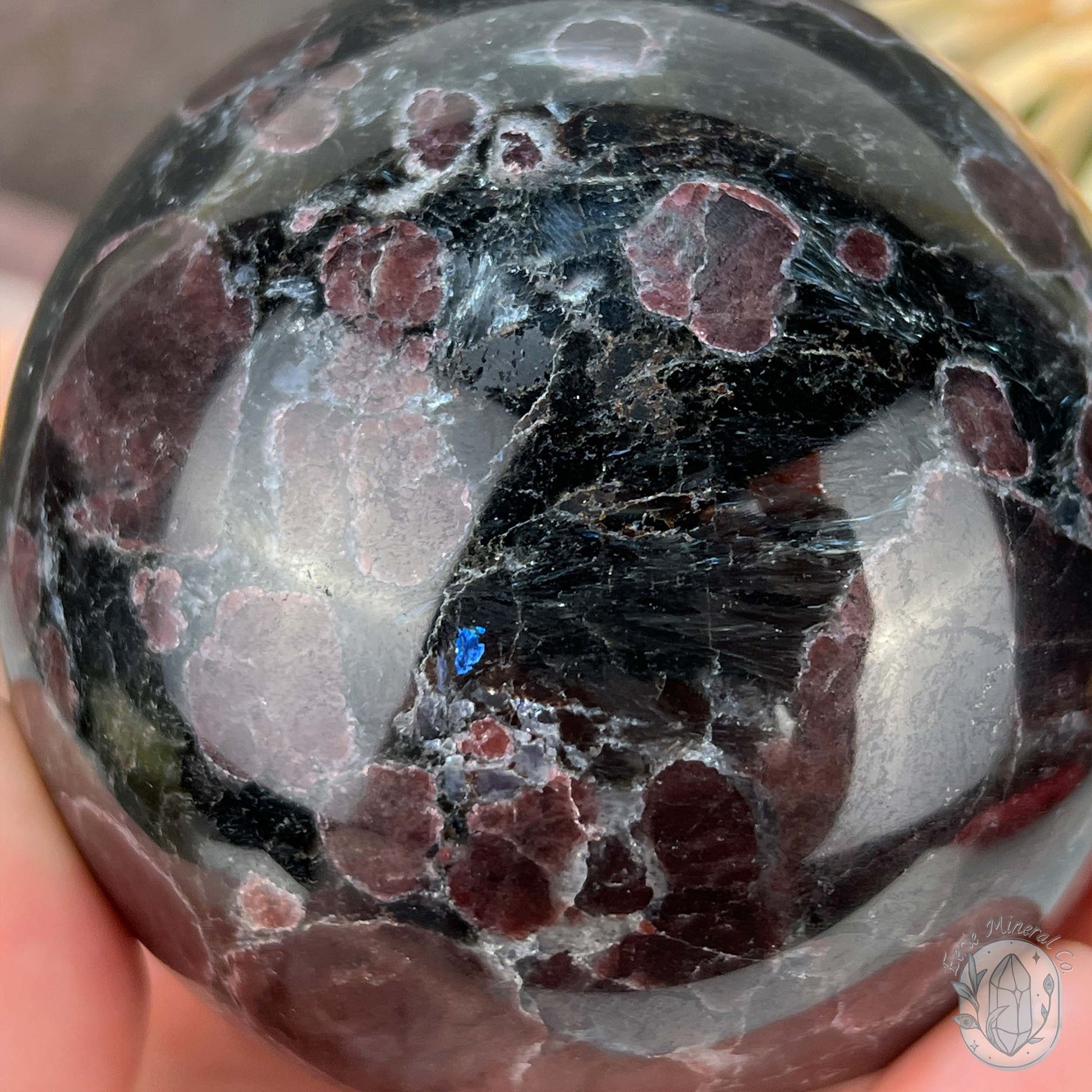 85mm Polished Arfvedsonite and Garnet Firework Sphere