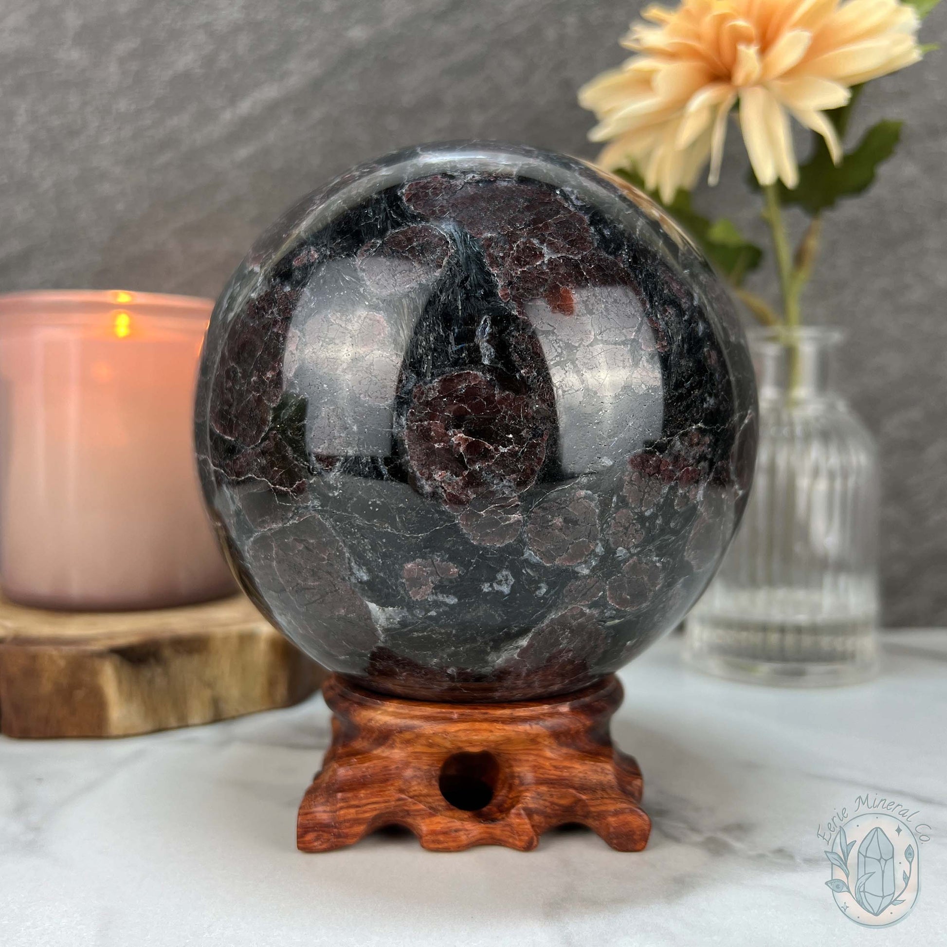 101mm Polished Arfvedsonite and Garnet Firework Sphere