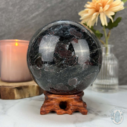 101mm Polished Arfvedsonite and Garnet Firework Sphere