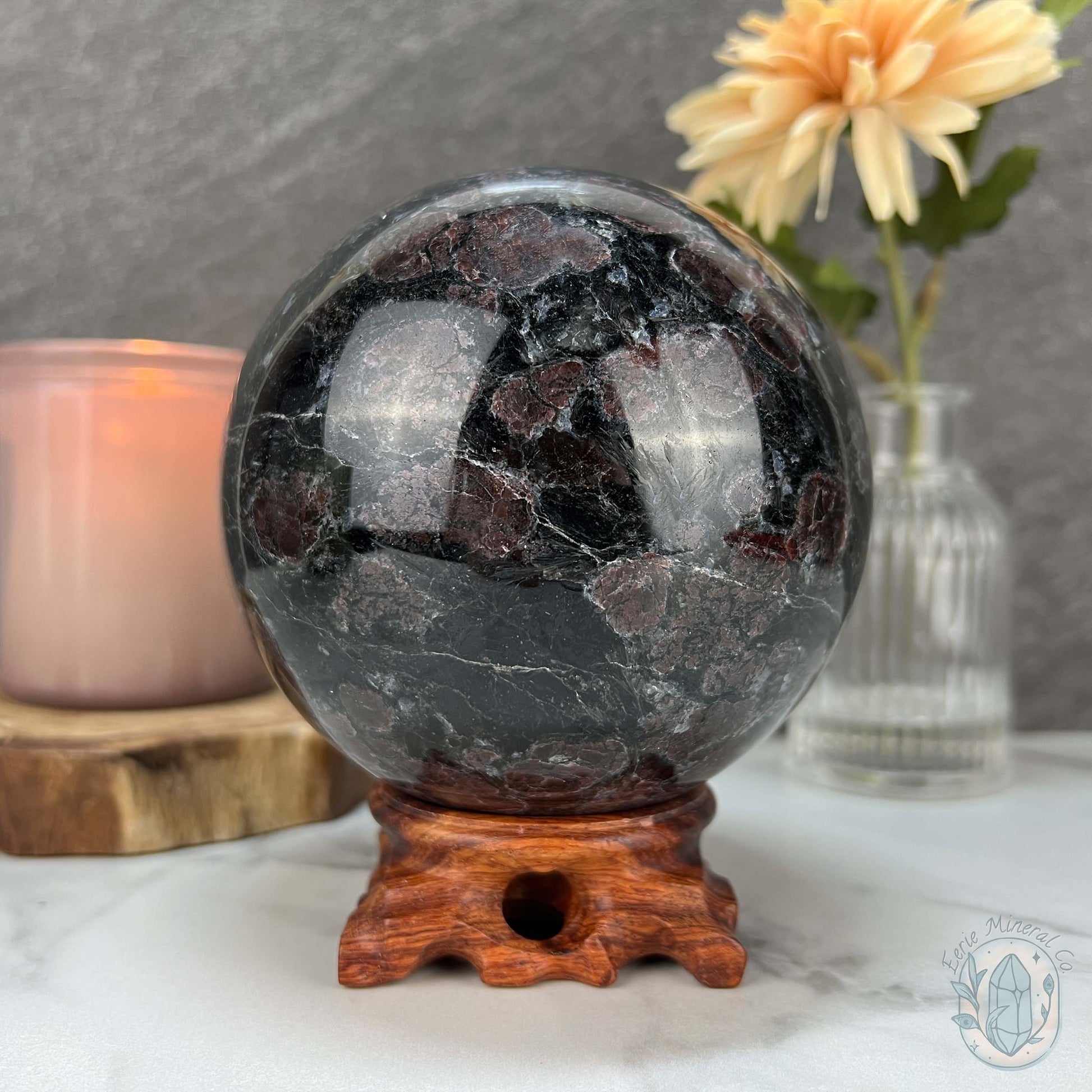 101mm Polished Arfvedsonite and Garnet Firework Sphere