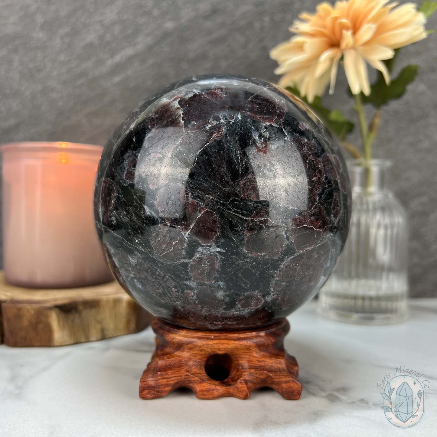 101mm Polished Arfvedsonite and Garnet Firework Sphere