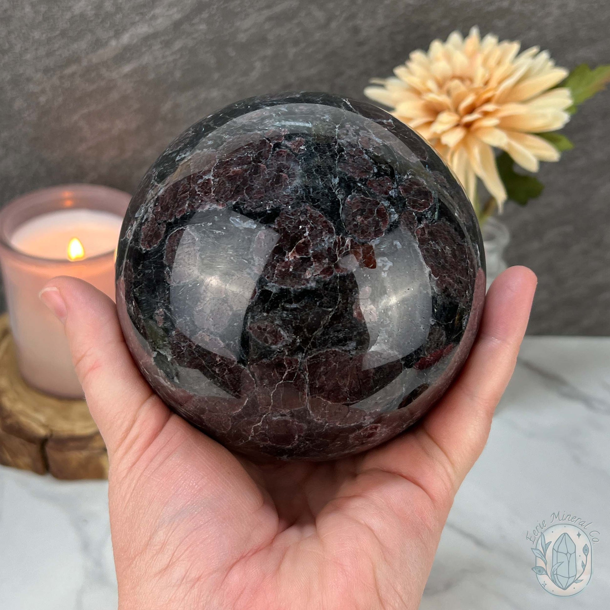 101mm Polished Arfvedsonite and Garnet Firework Sphere