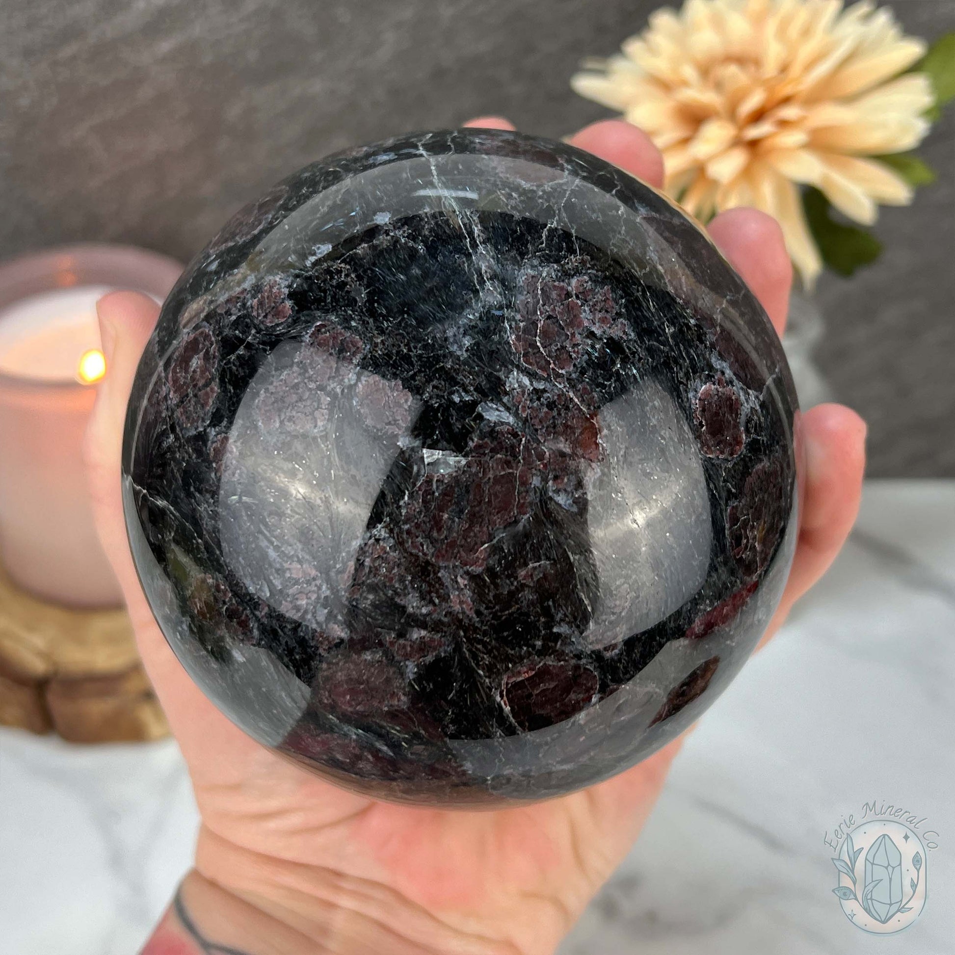 101mm Polished Arfvedsonite and Garnet Firework Sphere