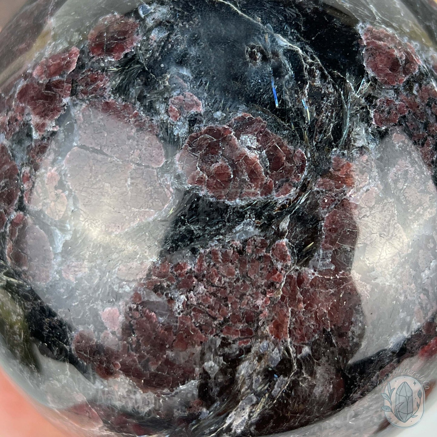 101mm Polished Arfvedsonite and Garnet Firework Sphere