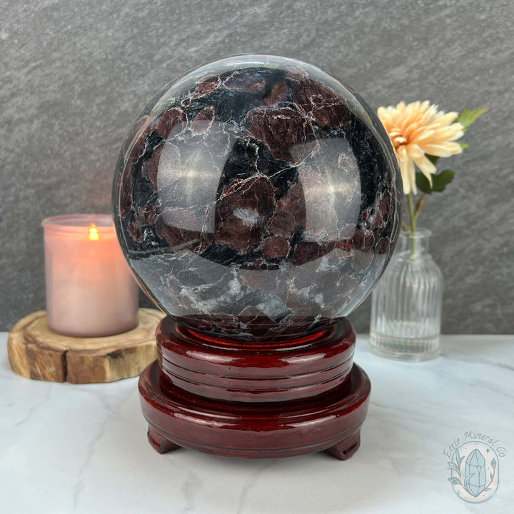 155mm Polished Arfvedsonite and Garnet Firework Sphere