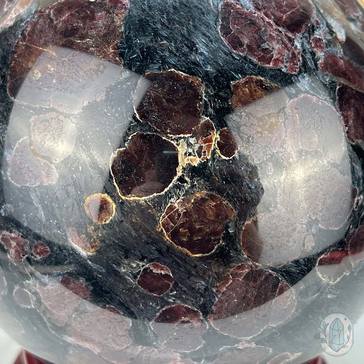 155mm Polished Arfvedsonite and Garnet Firework Sphere